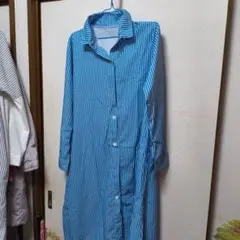 青と白のストライプ 長袖シャツワンピース
