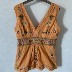 オレンジ　ノースリーブコットン刺繍チュニック