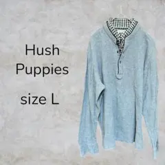 Hush Puppies トップス シャツ グレー チェック柄 レイヤー 刺繍