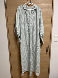 長袖シャツワンピース 緑と白のストライプ