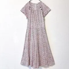 花柄 ロングワンピース 半袖 フレア リボン ミモレ丈 ヴィンテージ風