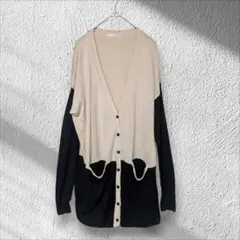 【MOUSSY】ロングカーディガン バイカラー ニット ベージュ ブラック Fのサムネイル
