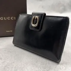 美品GUCCI 小銭入れ 黒レザー フラップ式 ロゴ刻印 お札・カード収納