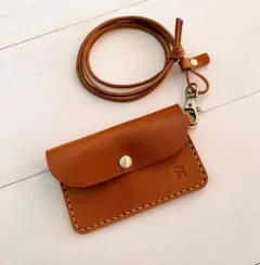 A カードケース 栃木レザー ハンドメイド ネックストラップ 定期入れ 革
