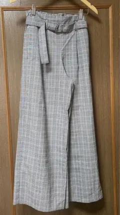 GU チェックワイドパンツ Sグレー