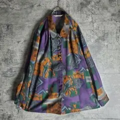 【ヴィンテージ】総柄 スカーフ柄 マルチカラー 紫 緑 橙色 グレー レトロ