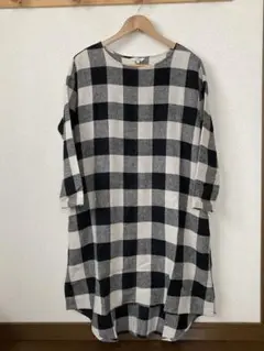 【未使用】 studio CLIP 麻混 ブロックチェック ワンピース 長袖