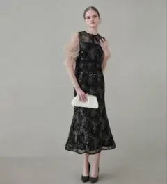 【LEJA】スパンコールフラワーリボンチュールワンピースドレス　Sサイズ