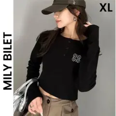 【MILY BILET】XLロゴ刺繍ヘンリーネッククロップドテレコリブカットソー