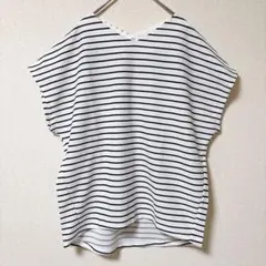 ドレスキップ ボーダーカットソー Vネック フレンチスリーブ ゆったりM相当のサムネイル