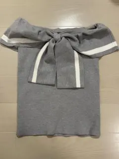 オフショルダー リボン ニット 半袖 グレー