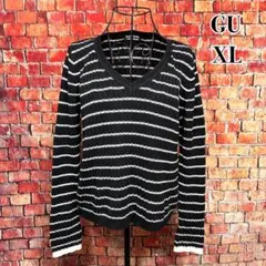 美品☆GU☆ボーダーニット　長袖セーター　Vネック　ゆったり　モノトーン　XL