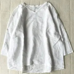 新品】120% LINO リネン100% レーススリーブ Vネックブラウス 白 