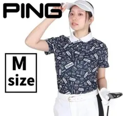 Ping レディース 半袖 ポロシャツ 総柄プリント ゴルフ ネイビーxホワイトのサムネイル