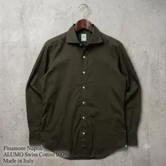 極美品 フィナモレ ALUMO 最高級 長袖シャツ オリーブ カーキ イタリア製のサムネイル