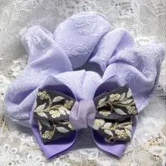 ハンドメイドシュシュM-4323♡サックスジョーゼット♡インド刺繍リボン