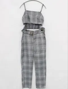 海外インポートグレー系チェック クロップトップ＆パンツセットアップ