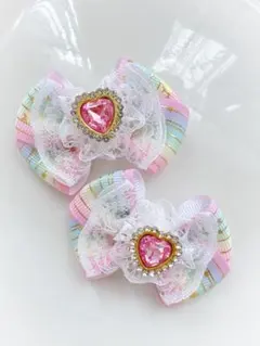 キッズ　ヘアゴム　リボン　リボンゴム　ハンドメイド　レインボー　プリンセス