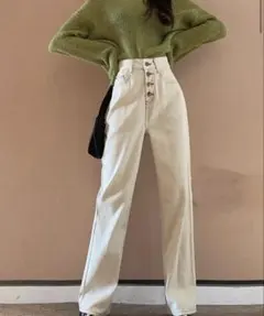 SHEIN クリーム色 ハイウエストストレートデニム パンツ