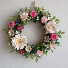 フラワーリース　ガーベラと薔薇の大人可愛いナチュラルリース
