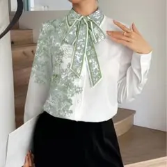 花柄リボン付き長袖ブラウス 長袖 グリーン柄　2L