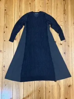 aqui agora pedidoブラック長袖リブニットフレアワンピースVネック