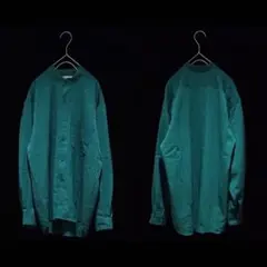 日本製 刺繍 光沢 柄シャツ スタンドカラー 長袖 緑 ゆったり メンズ古着