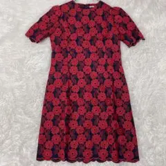 赤　紺　花柄 半袖ひざ丈ワンピース　美品 F 総柄