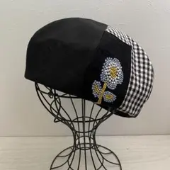 TOPI 綿麻と刺繍生地のベレー帽（ブラック）
