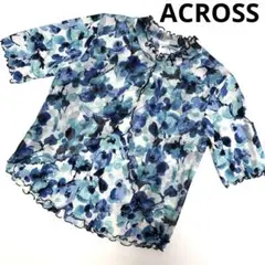 ACROSS 半袖カットソー　縁フリル　ブルー　花柄　ラインストーン