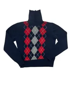 CHEVIGNONアーガイル柄タートルネックセーター ネイビーM ラムウール