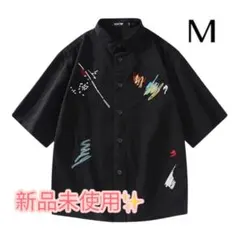 アート刺繍 半袖シャツ ブラック M ビッグシルエット オーバーサイズ