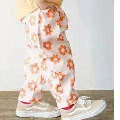 オレンジ花柄 コットンロングパンツ