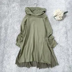 リップスター　ロングパーカー　バックプリーツ　異素材　カーキ　チュニック　M