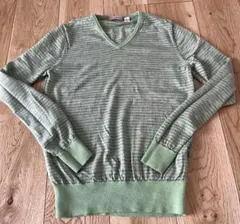 ユニクロエクストラファインメリノウール 緑色ストライプセーター S