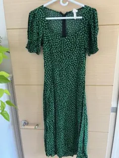H&M 花柄 半袖 ロングワンピース グリーン