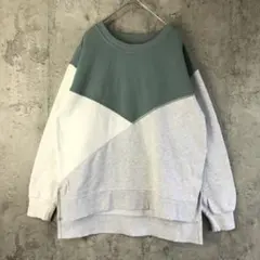 Y1280古着　トレーナー　スウェット　くすみグリーン　白　グレー