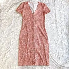 ZARA ロングワンピース 半袖 小花柄 Vネック Mサイズ オレンジ 夏