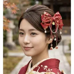 結婚式 披露宴 リボン 髪飾り 赤 パール ビーズ しっとり 華麗 パーテイ