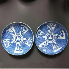 印判 芙蓉手 染付小皿 2枚セット 明治 大正 骨董 アンティーク