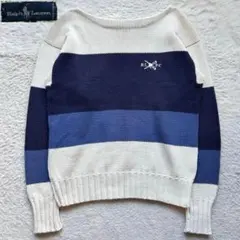 【80s】ラルフローレン ニット ボートネック ロゴ刺繍 ボーダー ホワイト L