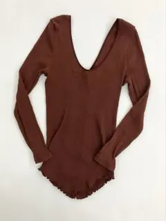 HAKUJI リブ編み Vネック 長袖トップス　インナー　シルク コットン