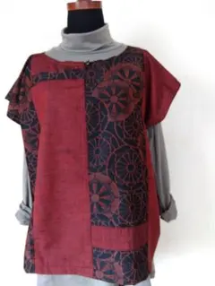 着物リメイク　大島紬と紬で幅広ベスト　ブラウス（no87）