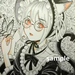 【手描きイラスト 187】オリジナル原画 色紙 猫「白薔薇の園 蝶、 眼鏡の猫」