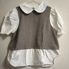 【Emsexcite】カットソー ブラウス 丸襟 パフスリーブ チェック柄