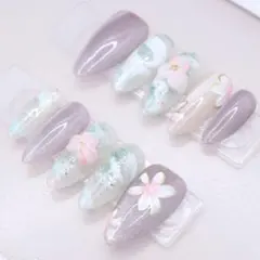 【137】ネイルチップSサイズ 紫　緑　ピンク 3D花柄　ニュアンス　マグネット