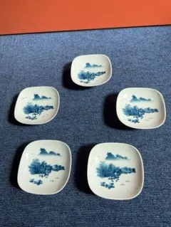 1023 有田焼　畑萬陶苑　染付山水　小皿　5客　未使用