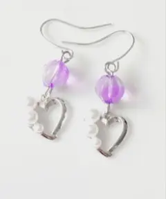 シルバー　ハート　パール　パープル　ピアス　イヤリング　ノンホール　樹脂フック