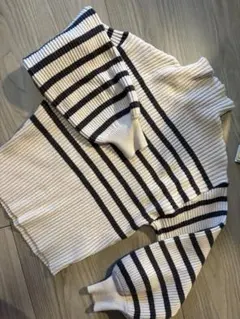 アイボリー×ブラック ストライプ 長袖ニット Mサイズ