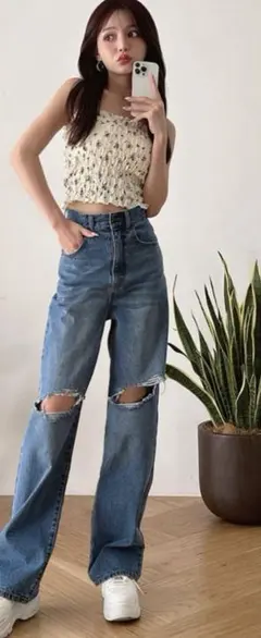 新品タグ付きグレイルGRLダメージデニムパンツ[qu59]美脚スタイルアップM